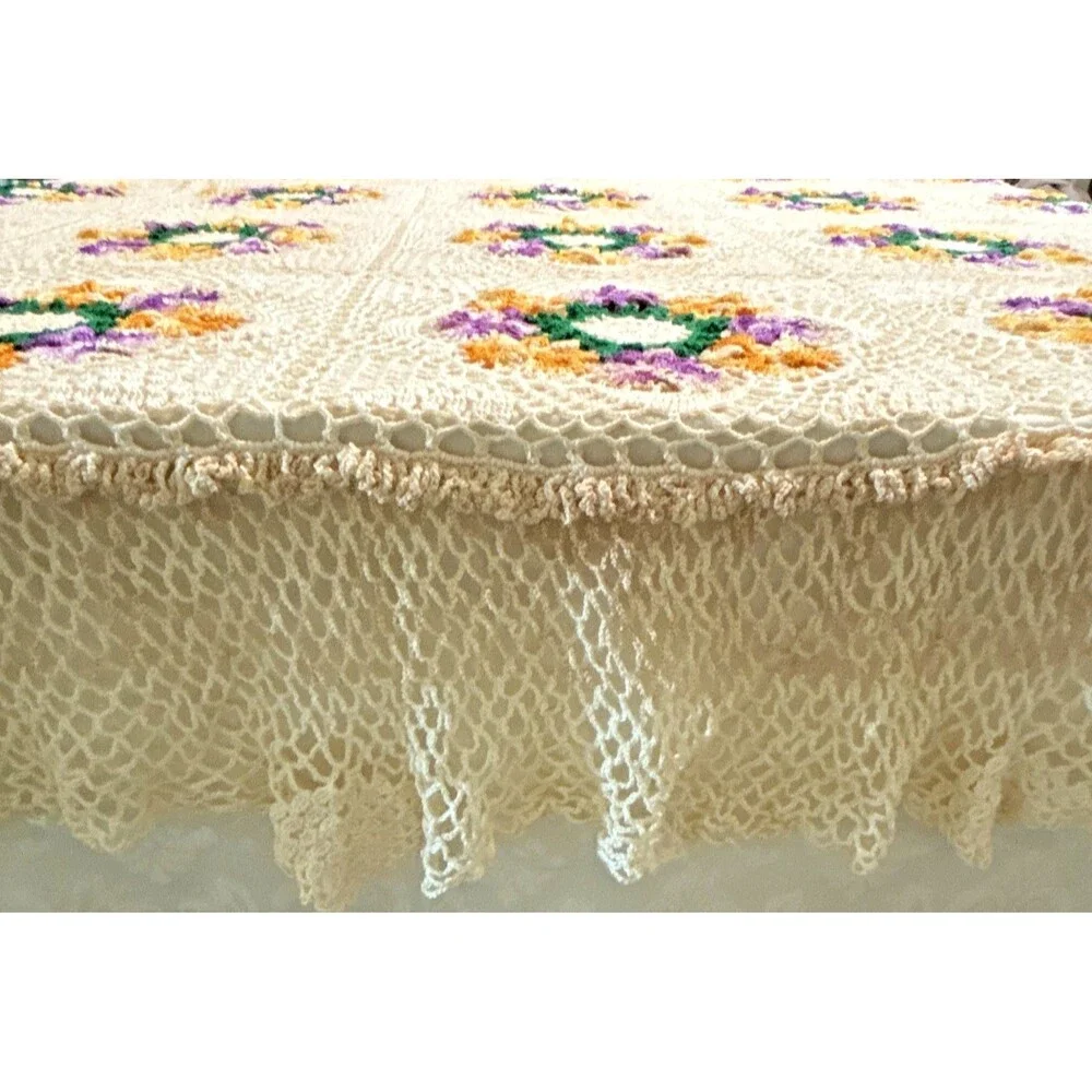 Vint Handmade Crochet Granny Square Bedspread Blanket Floral Purple Gold 82x62